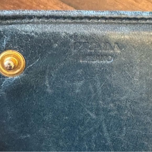 Prada Long Double Snap Flap Wallet Distressed Blue Green Leather Gold Hardware - Picture 12 of 14